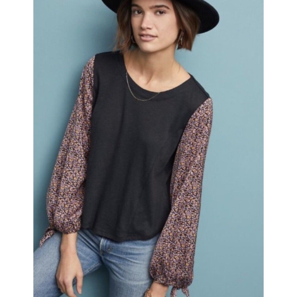 Anthropologie Maybelle Black Purple Floral Sleeve Women's Top Size Small